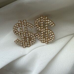 Gold Rhinestone Dollar Sign Stud Earrings — Sparkling Statement